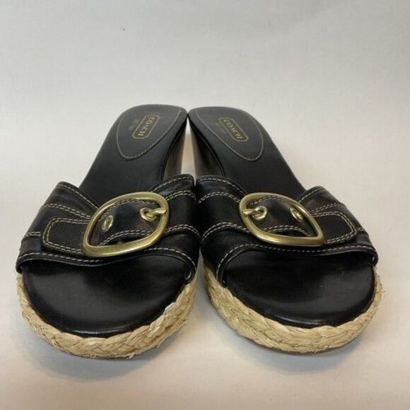 Coach Greer Black Leather Espadrille Wedge Sandals Women Size 11B - Picture 7 of 12